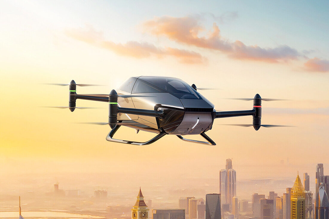 eVTOL flying vehicle over a city